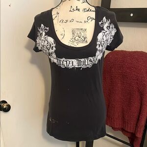 Y2K Metal Mulisha Black White Skeleton Wing Graphic Pullover T-Shirt